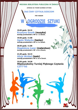 Miejska Biblioteka Publiczna w Żarach zaprasza na tydzień głośnego czytania Całe Żary Czytają Dzieciom pod hasłem W OGRODZIE SZTUKI. 19.05 godz. 10:15 - czyta Krystyna Gowik (muzyka) - słuchają przedszkolaki z MP nr 1 w Żarach, 19.05 godz. 11:00 - czyta Agata Wałęcka (taniec) - słuchają przedszkolaki z MP nr 4 w Żarach, 20.05 godz. 11:00 - czyta Magdalena Łazar (malarstwo) - słuchają przedszkolaki z MP nr 8 w Żarach. 21.05 godz. 10:15 - czyta Alicja Wróbel (teatr) - słuchają przedszkolaki z MP nr 10 w Żarach, 23.05 godz. 10.30 - Międzyszkolny Turniej Pięknego Czytania CZYT*AS.